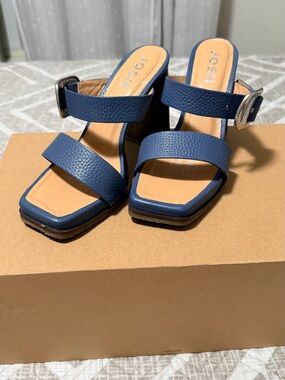 Navy Two-Strap Block Heel Sandals with Buckle